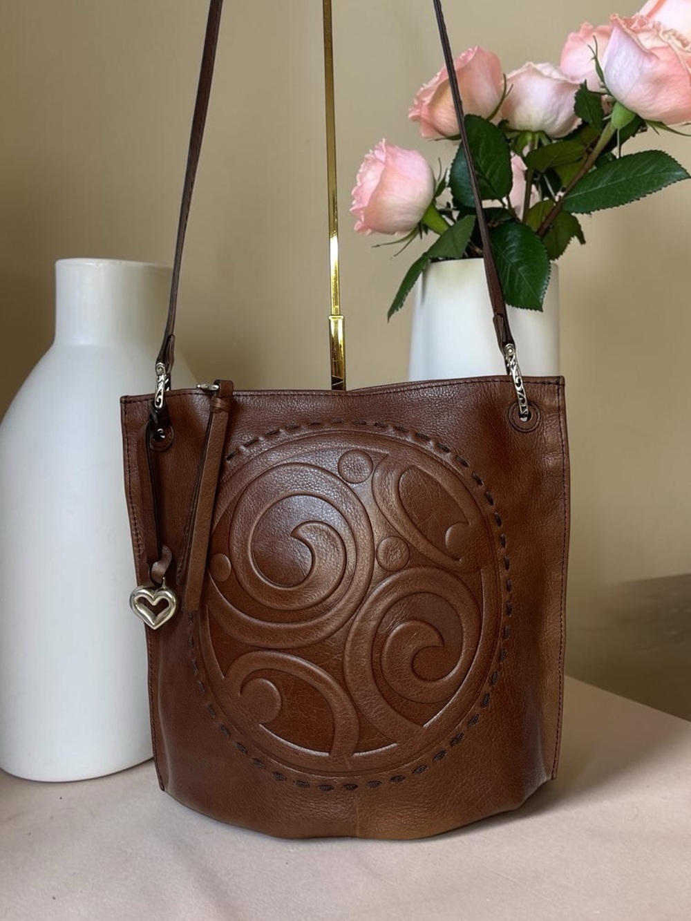 Brighton Brown Tilda Leather Shoulder Bag with Embossed Swirl